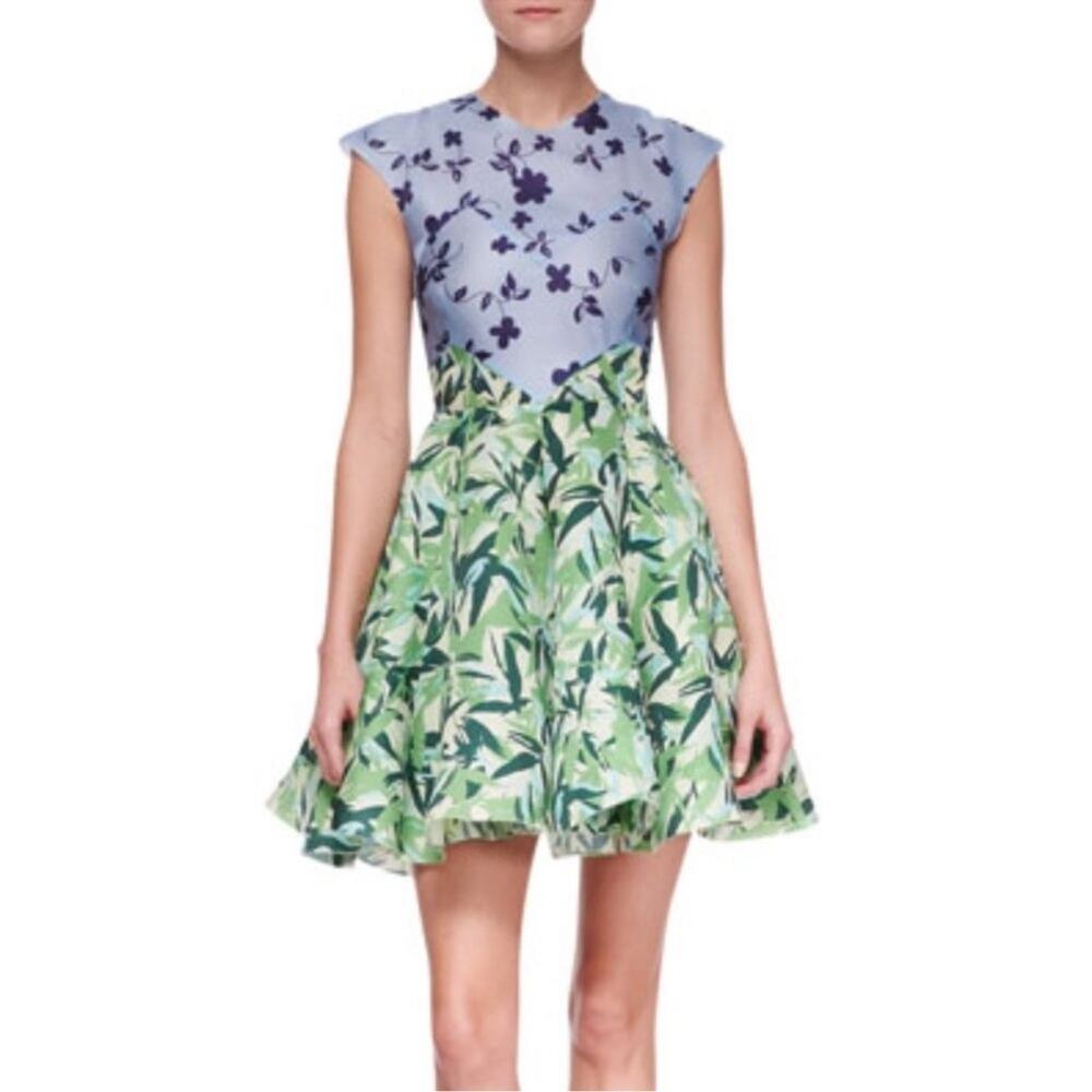 Elle Sasson Holly Colorblock Botanical Floral Silk Cap-Sleeve Dress Size Size 4